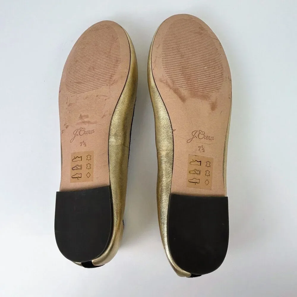 J. Crew Elvie Gold Metallic Ballet Flats Leather Almond Toe Shoes Black Trim 7.5